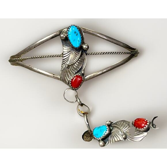 VTG Native American Slave Cuff Bracelet Ring Coral Turquoise on Sterling Silver - Picture 2 of 16